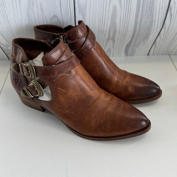 Frye Ray Women's 7.4 Brown Leather Western Boots Buckle Block Heel Ankle - Picture 1 of 8